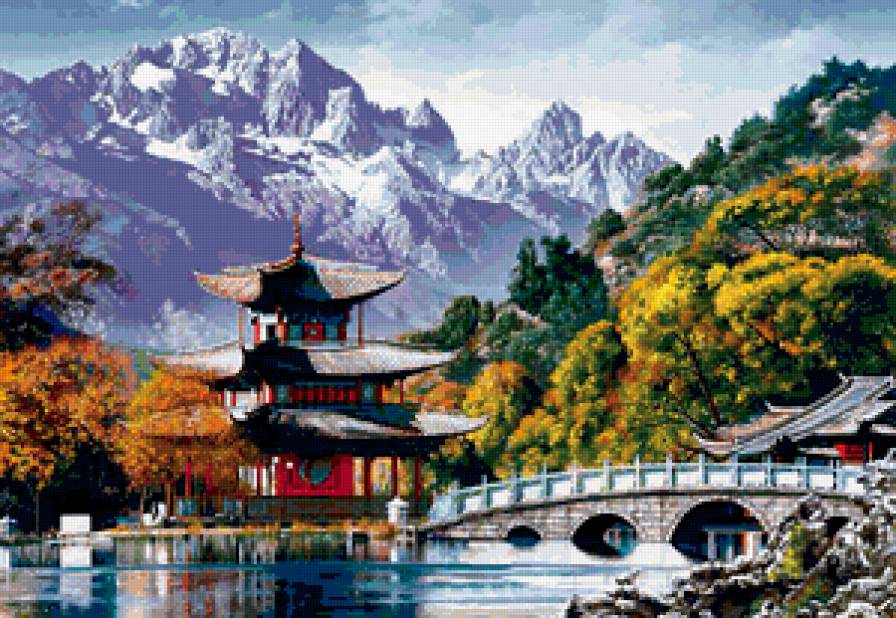 Пагода - мост, китай, горы, река, восток, пагода, город, пейзаж - предпросмотр