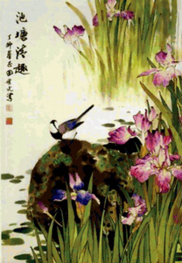 Ирисы - ирисы, цветы, восток, пруд, птица, китайская живопись, китай - предпросмотр