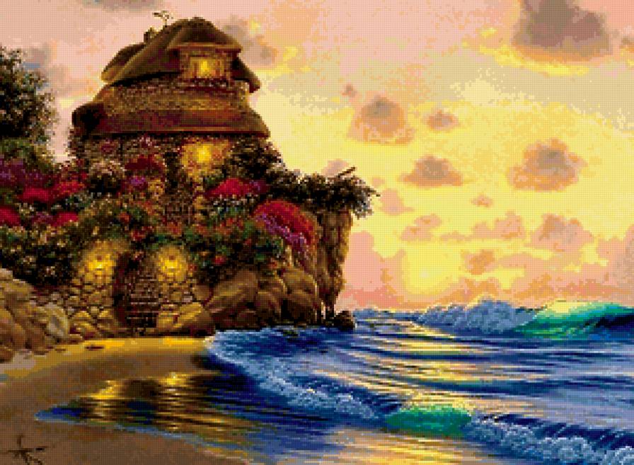 Домик на берегу - дом, пейзаж, море, берег, закат - предпросмотр