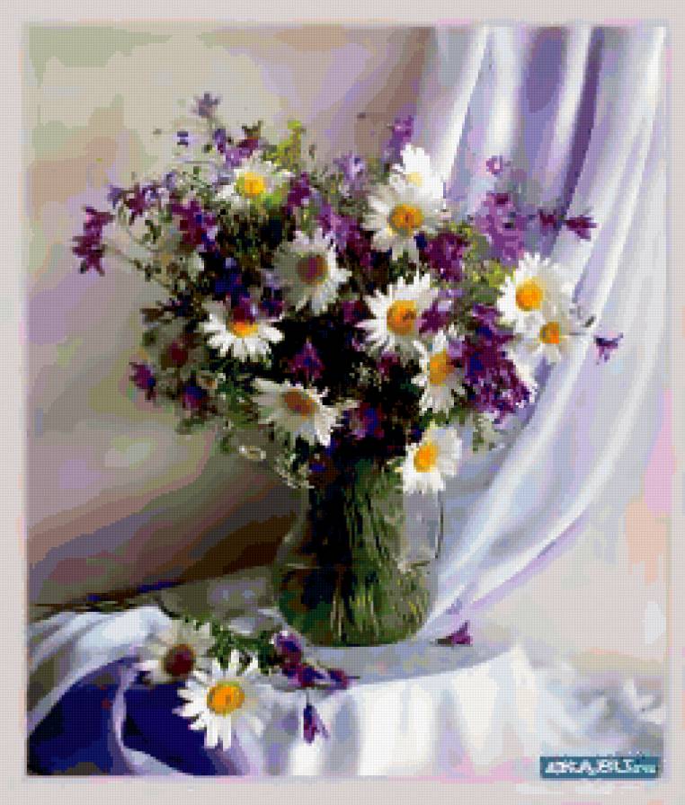 №408585 - натюрморт, цветы, букет, колокольчики, ромашки - предпросмотр