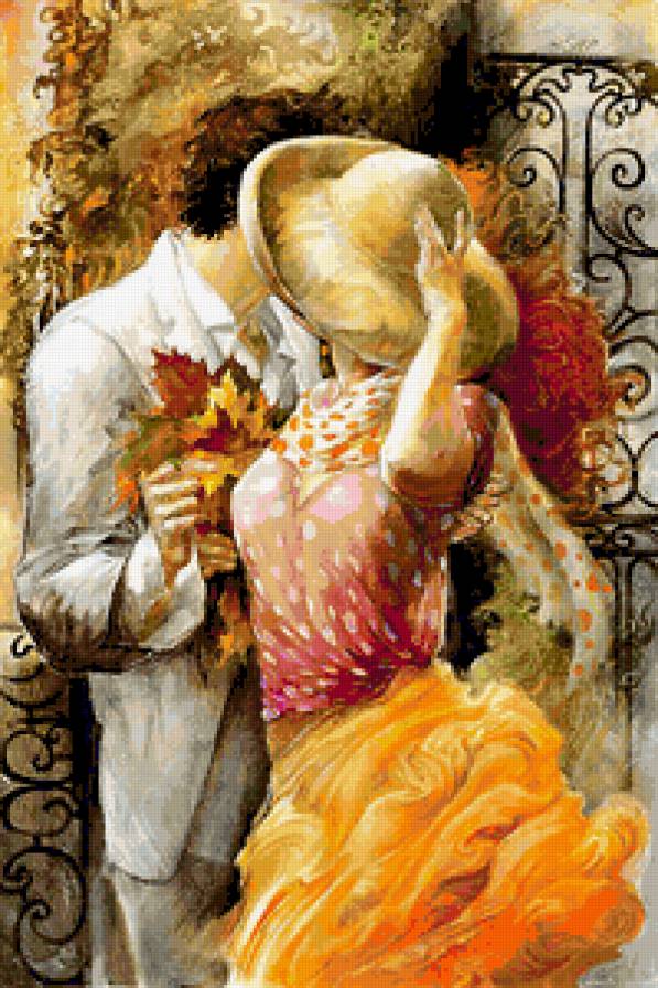 Осенний поцелуй - двое, любовь, пара, листья, поцелуй, осень, свидание, живопись - предпросмотр