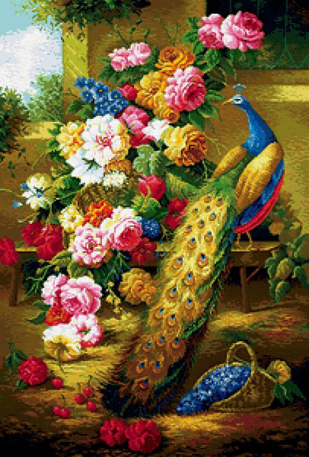 Павлин - павлин, птицы, цветы - предпросмотр