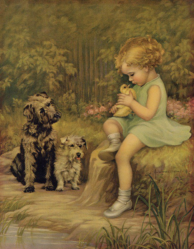 Утенок - девочка, животные, утенок, дети, собака - оригинал