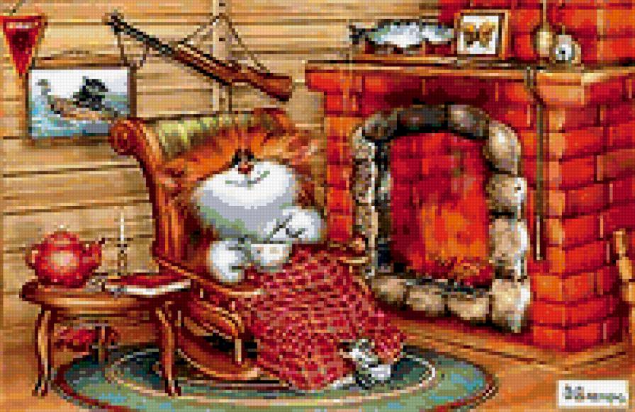 домашний  кот - камин, уют в доме, кот, домашние животные - предпросмотр