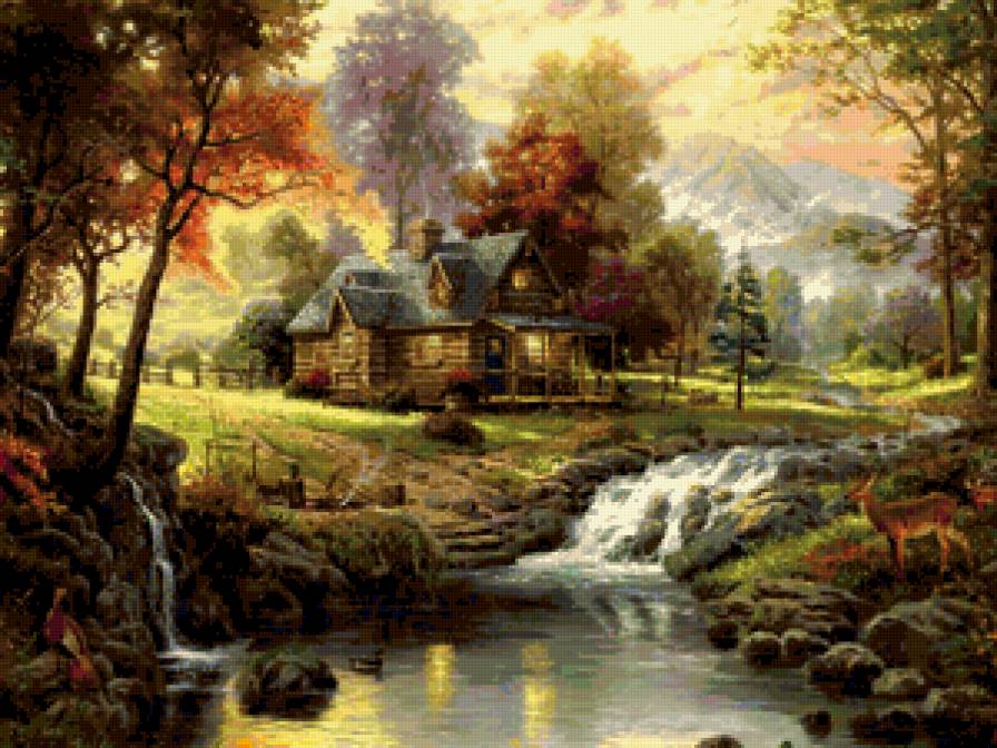 Домик у ручья - лес, пейзаж, дом, река, ручей, горы, закат - предпросмотр