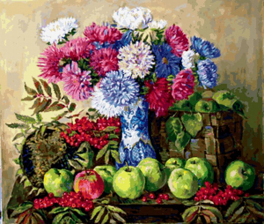Серия "Букет" - натюрморт, ягоды, рябина, астры, цветы, яблоки, букет - предпросмотр