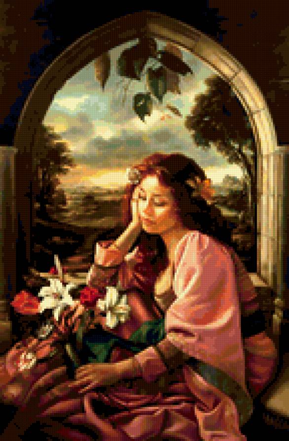 девушка с цветами - живопись, девушка, цветы, грусть, арка - предпросмотр