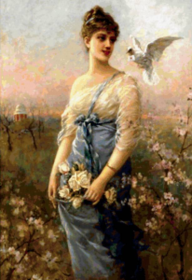 девушка и голубь - розы, голубь, живопись, девушка - предпросмотр