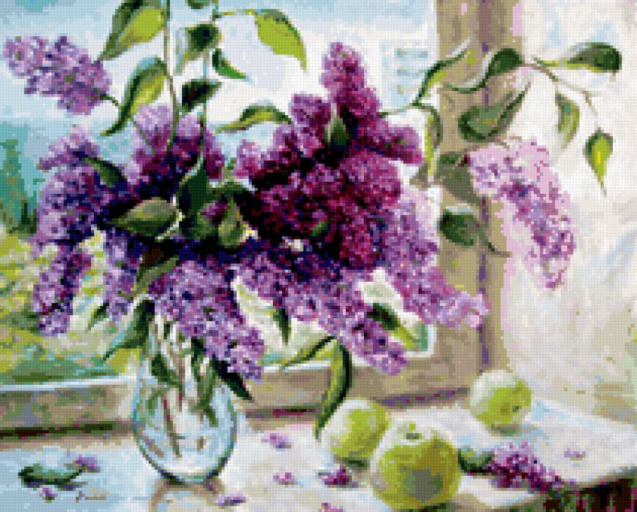 ваза с сиренью - ваза, окно, яблоки, натюрморт, цветы, сирень - предпросмотр