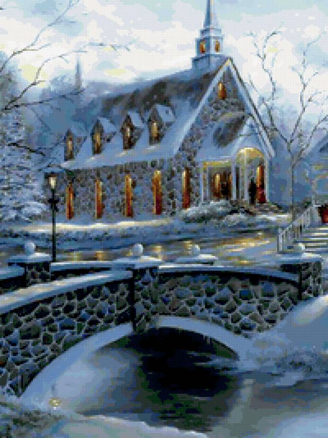 зимний мост - зима, домик, пейзаж, мост - предпросмотр