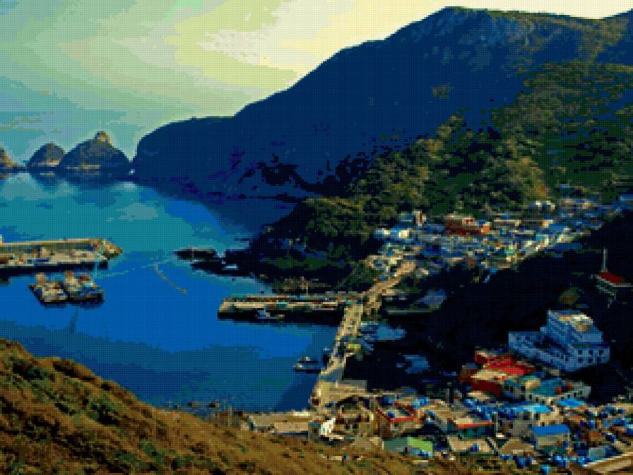 Пейзаж - море, горы, природа, домики - предпросмотр