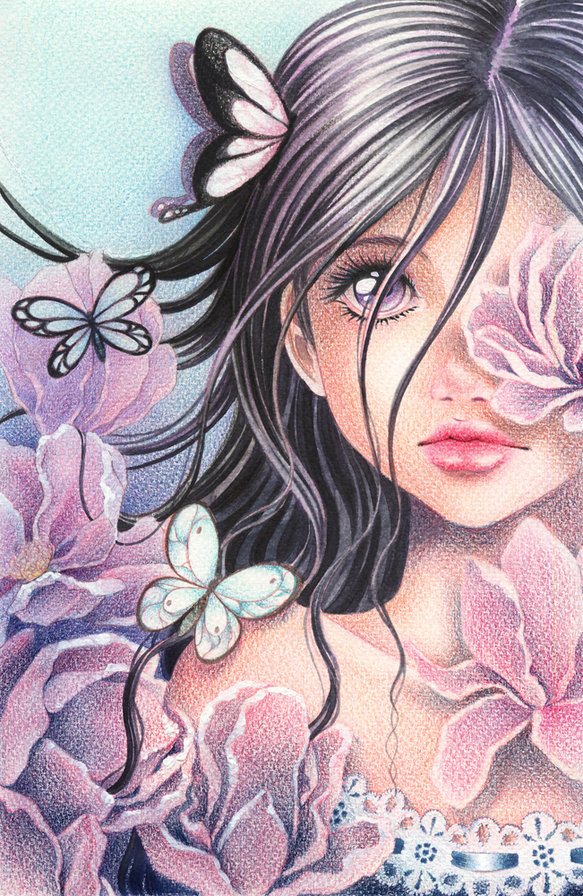 Портрет девочки с бабочками - портрет, лицо бабочки, девочка - оригинал