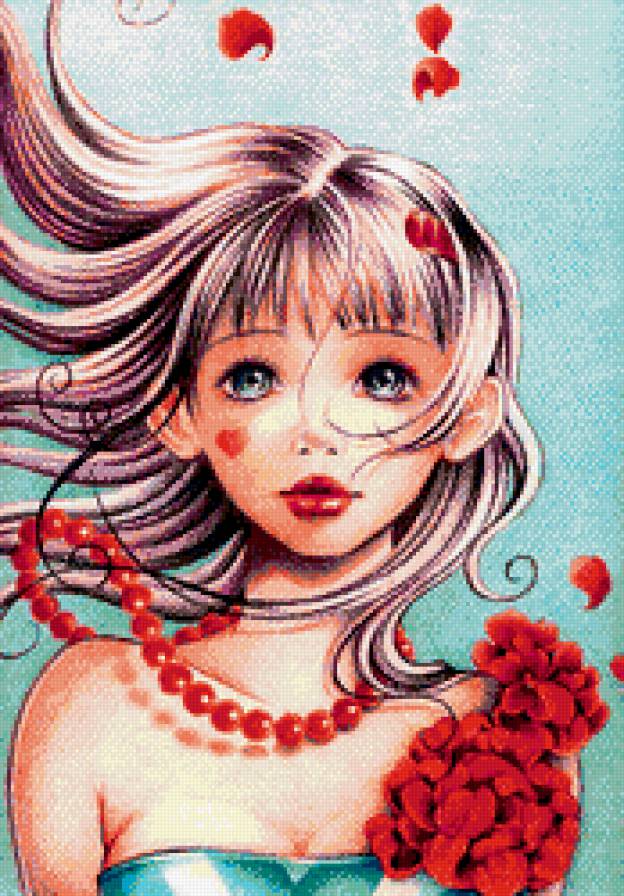 Поцелуй и розы - портрет, девушка, розы, лепестки - предпросмотр