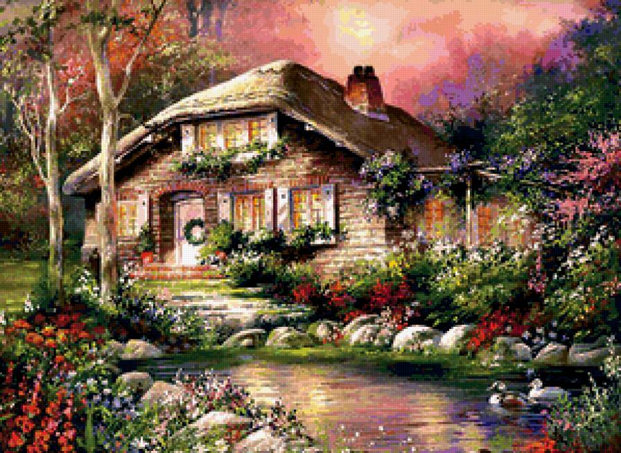 Домик с прудом - сад, утки, пейзаж, озеро, пруд, дом - предпросмотр