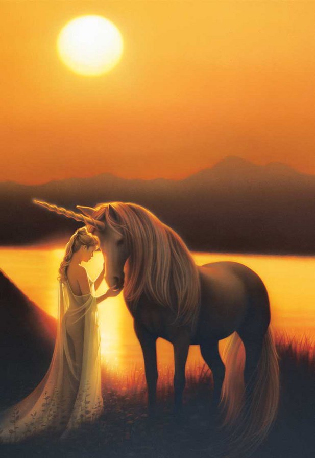 на закате - фэнтези, девушка, пигас - оригинал