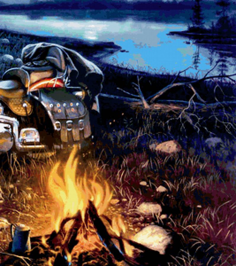 турист часть 2 - костер, озеро, природа, огонь, картина, мотоцикл, живопись, лес - предпросмотр