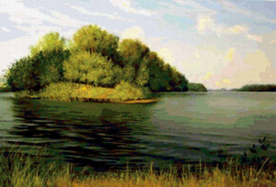 протока - деревья, природа, река, киселев николай иванович, живопись, пейзаж - предпросмотр