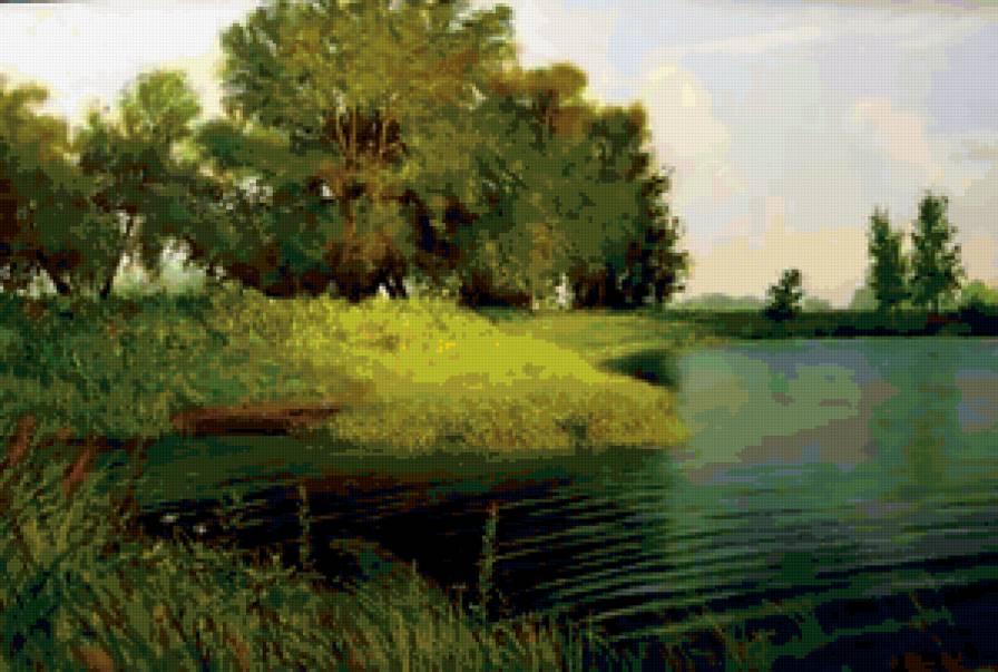 летний день - пейзаж, деревья, киселев николай иванович, природа, живопись, река - предпросмотр