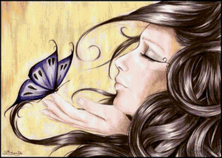 Девушка и мотылек - бабочка, девушка, портрет - предпросмотр