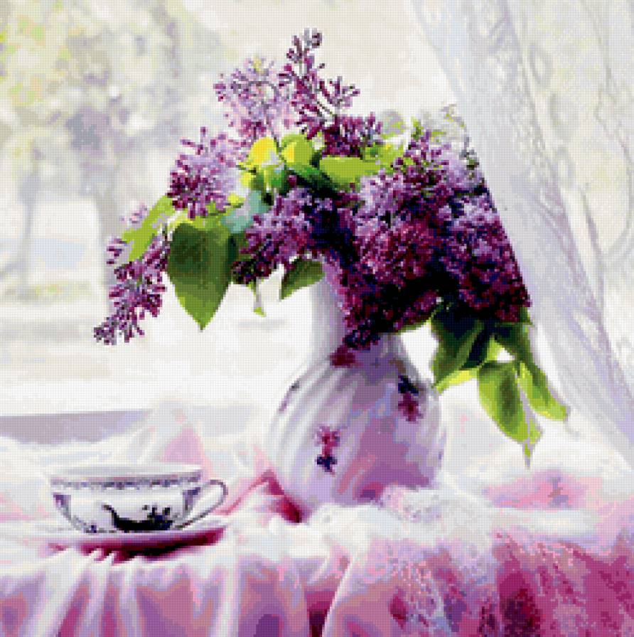 сирень в вазе у окна - цветы, сирень.ваза, натюрморт, чашка, окно - предпросмотр