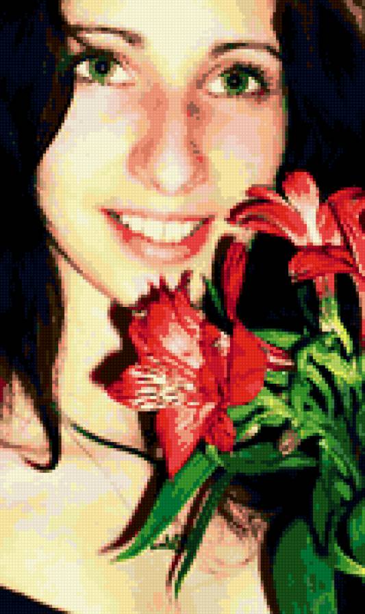 Лилии - красные цыеты, девушка, лицо, лилии - предпросмотр