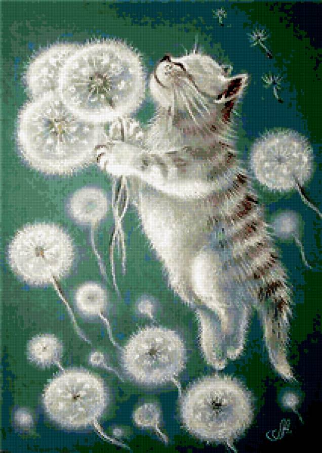 №428194 - цветы, аннет логинова, котенок, живопись, кошки, одуванчики, животные - предпросмотр