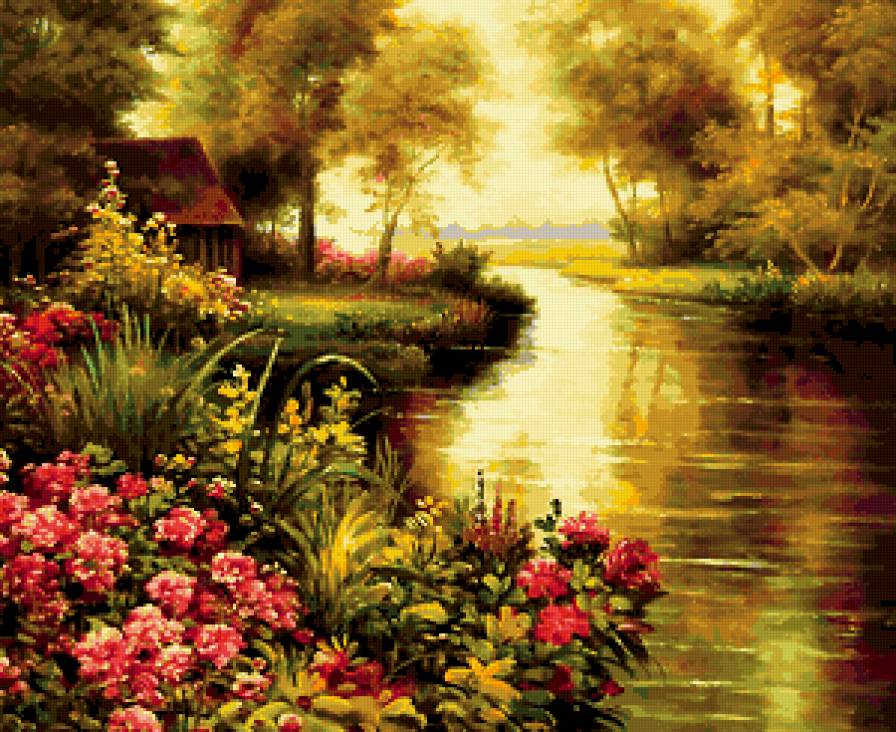 тихая заводь - пейзаж, хижина, лес, река - предпросмотр