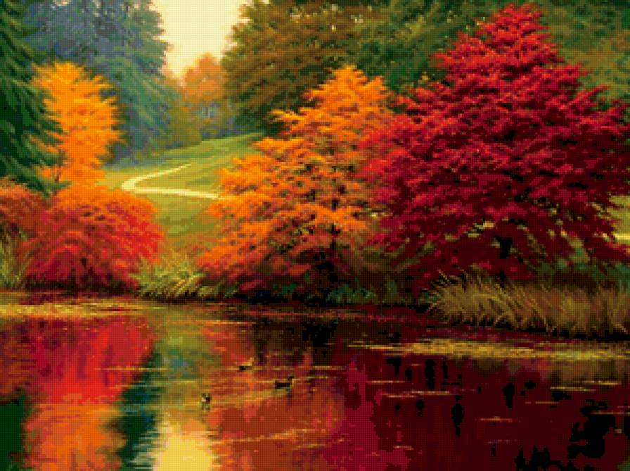 осень - пейзаж, осень, речка, утки - предпросмотр