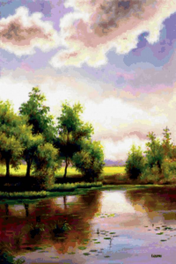 картина - лето, пейзаж, речка, лес, природа - предпросмотр