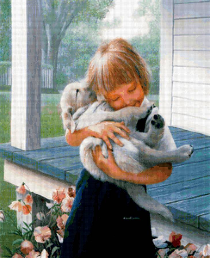 детская любовь - девочка, люди, объятия, щенок, любовь, нежность - предпросмотр