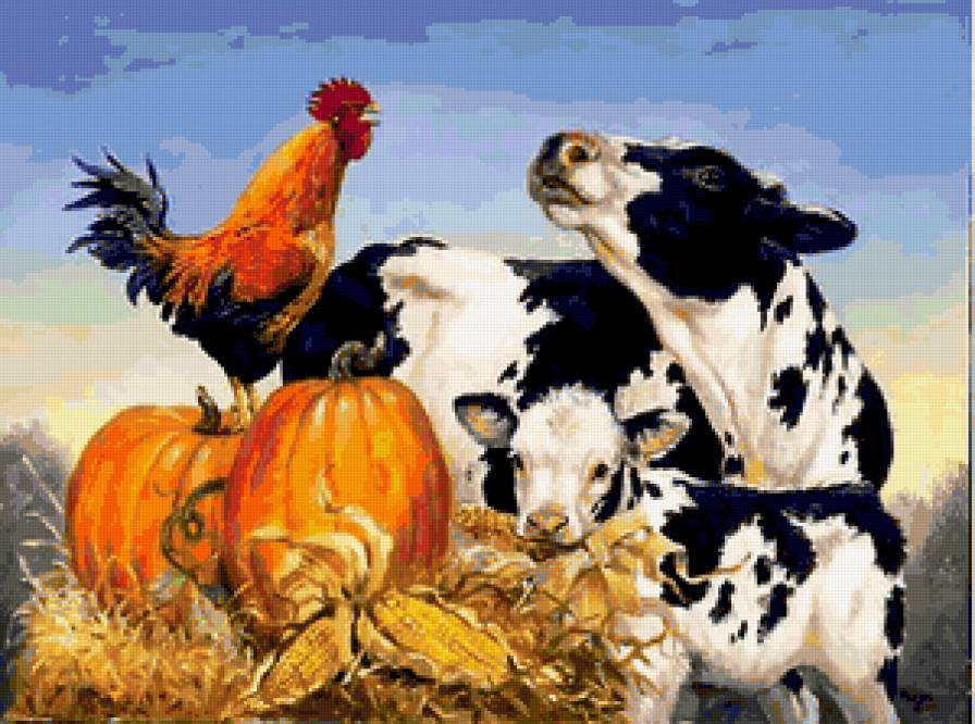 утро в колхозе... - птицы, домашние животные, картина, животные, петух, корова - предпросмотр