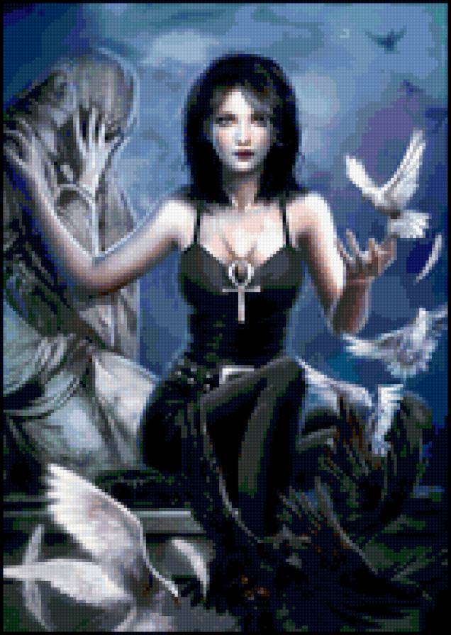 Во тьме - фэнтези, птицы, девушка - предпросмотр