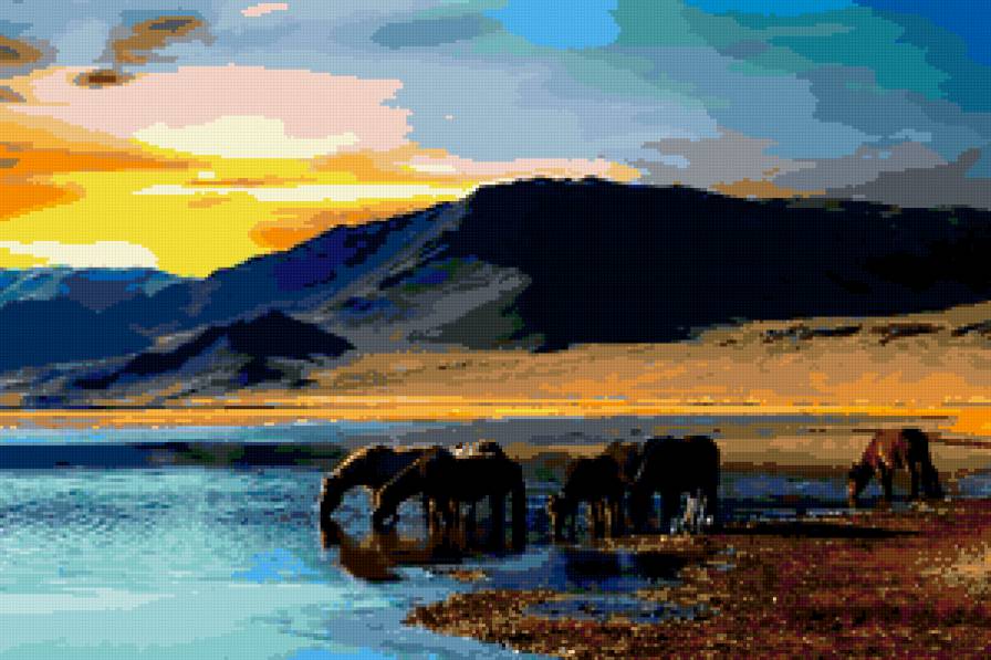 лошади на водопои - закат, горы., лошади - предпросмотр