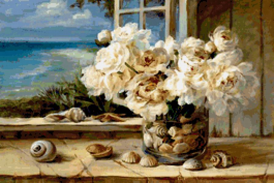 букет цветов и море - ракушки, белые пионы, море, букет, пейзаж, цветы - предпросмотр