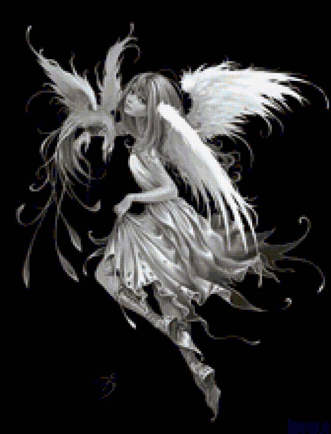 ангел с птичкой - птичка, фэнтези, крылья, фея, черно-белое - предпросмотр