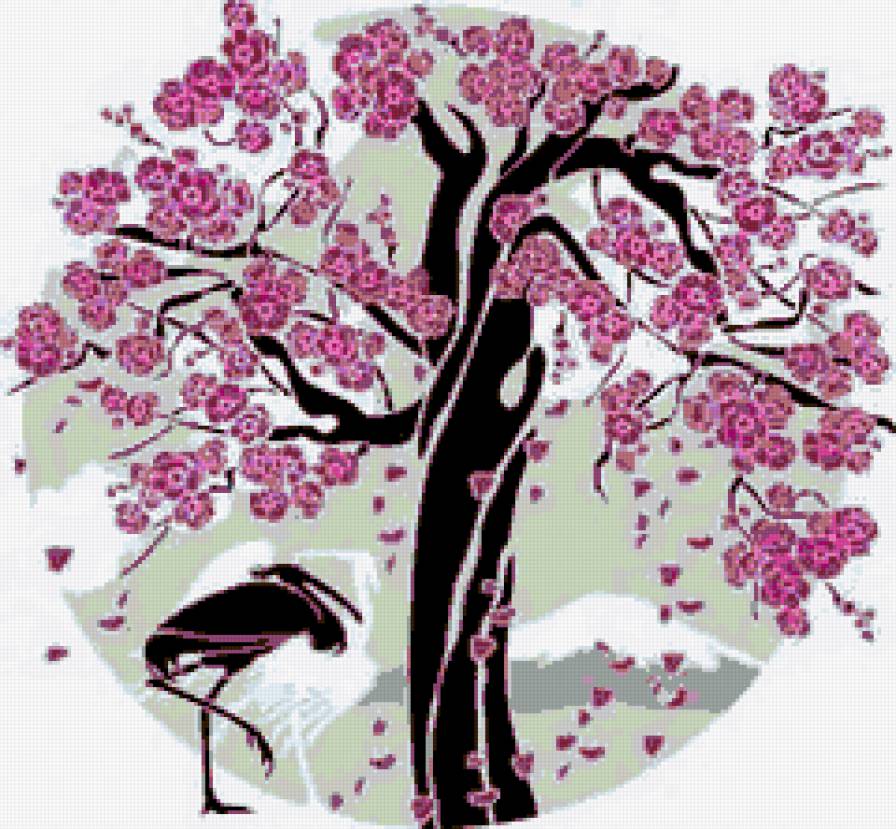 сакура - дерево, сакура, восток, птицы, пейзаж - предпросмотр