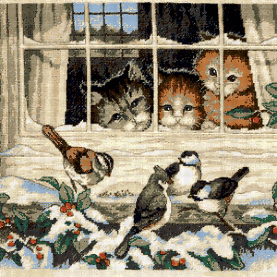 трое наблюдателей - животные, зима, природа, птицы, котята - предпросмотр