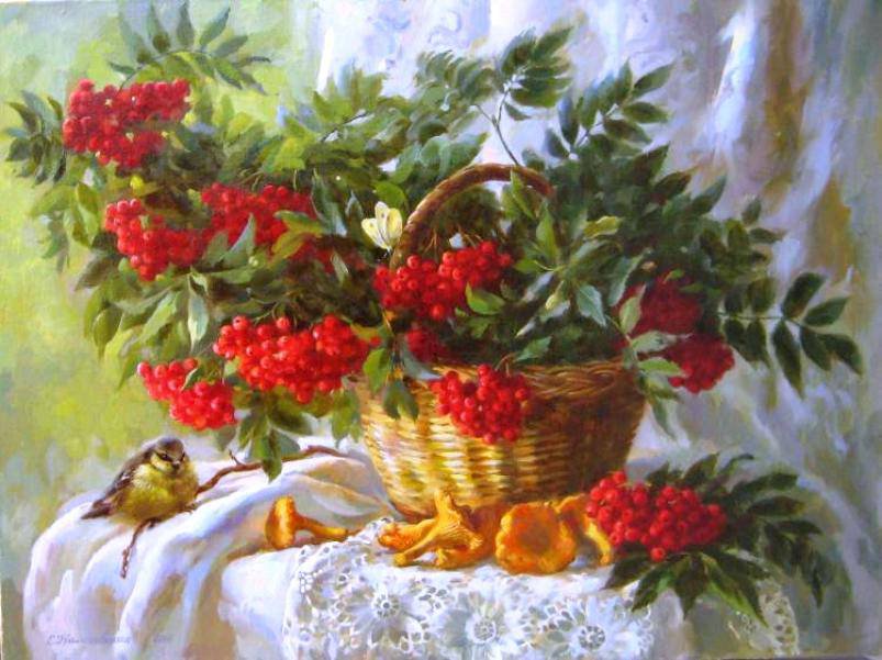 натюрморт. - картина., грибы, синичка, рябина - оригинал
