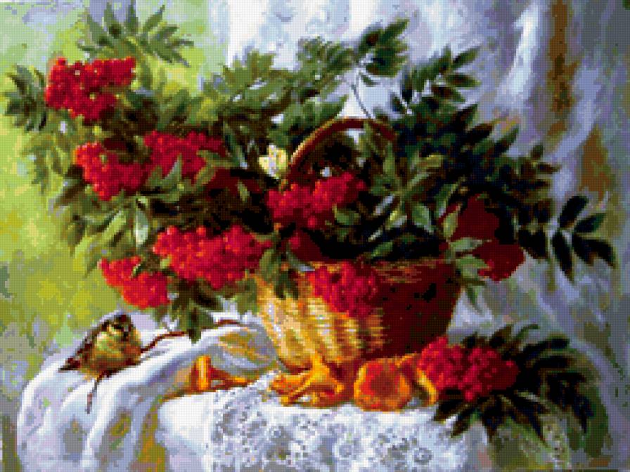 натюрморт. - рябина, грибы, синичка, картина. - предпросмотр