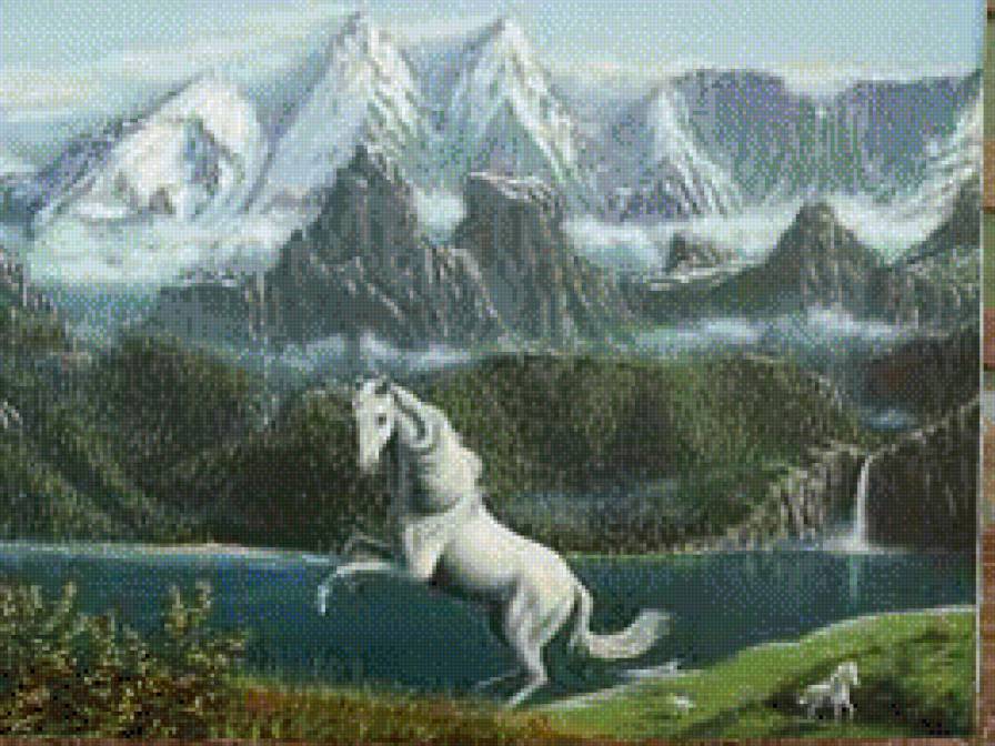 красивые лошади (подборка) - белый конь, горы, животные, конь, пейзаж - предпросмотр