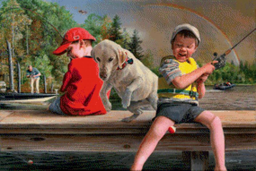 на рыбалке - щенок, дети, люди, удочки, рыбалка - предпросмотр