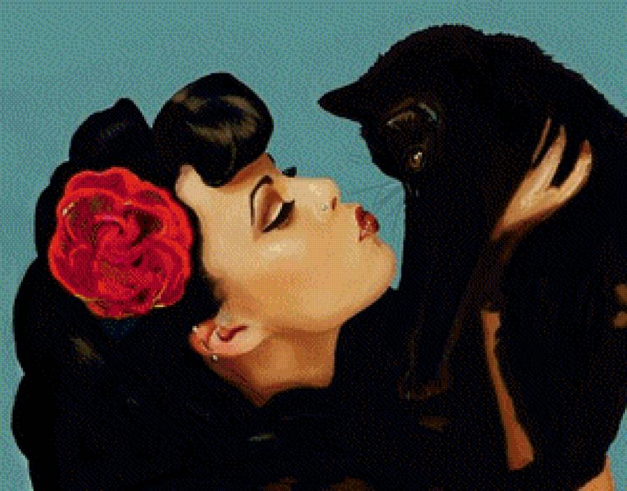 самый любимый мужчина - цветок, женщина, пара, кот, котенок, живопись, девушка, роза, любовь - предпросмотр