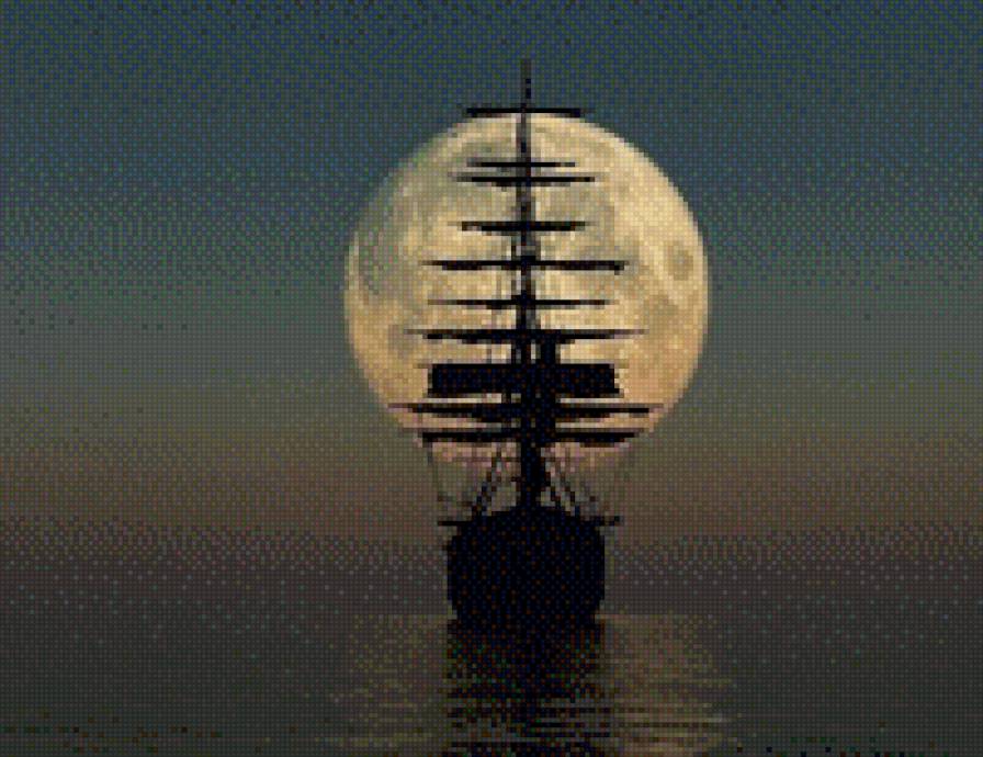 парусник при луне - луна, море, парусник - предпросмотр