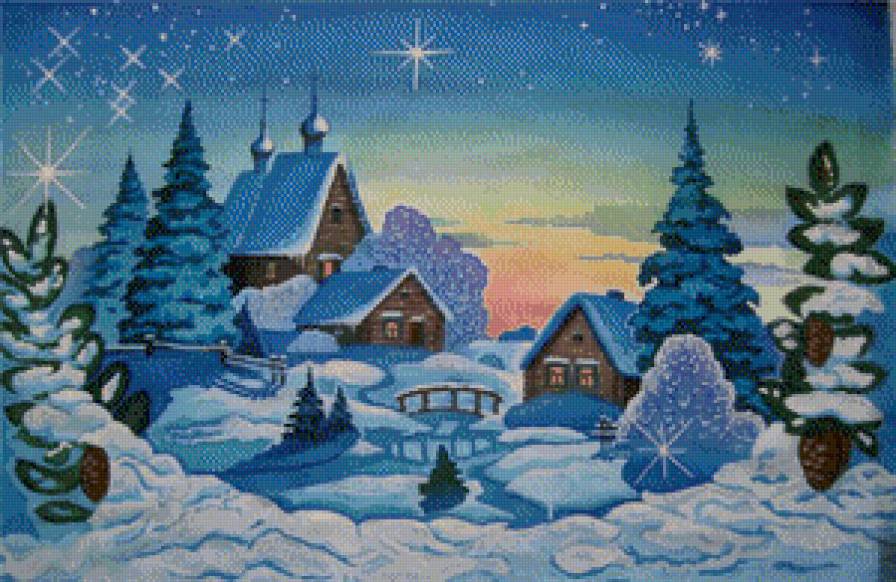 зимний пейзаж - зима, ели, дом, снег - предпросмотр