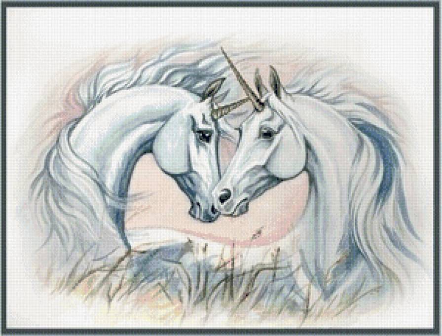 пара единорогов - лошади, единорог, конь, кони, единороги, пара, белый конь, лошадь - предпросмотр