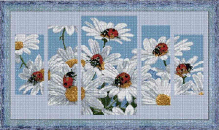 полиптих "очаровательные ромашки" - цветы, полиптих, божья коровка, ромашки - предпросмотр