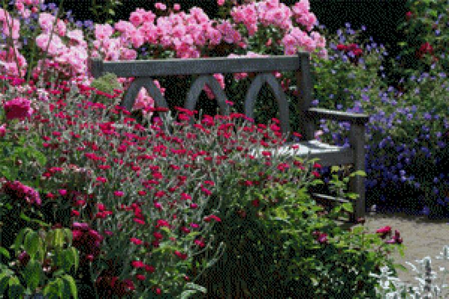 Скамейка в саду - лето, скамья, сад - предпросмотр