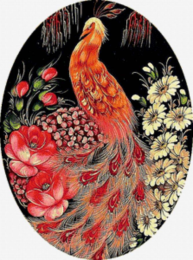 Павлин в цветах - жостово, роспись - предпросмотр