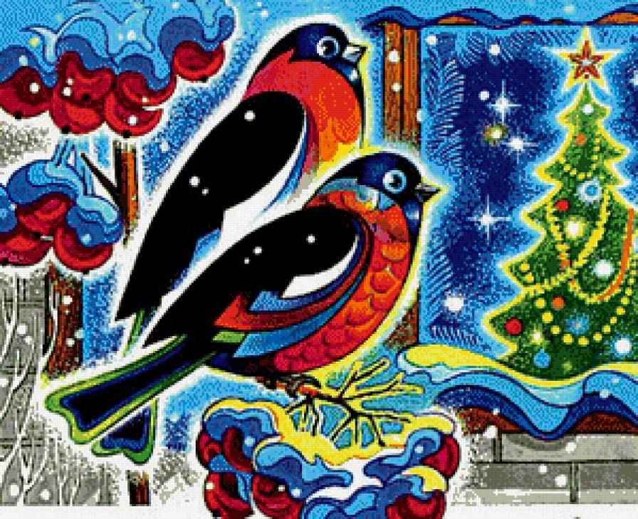 Снегири - рябина, снегири, птички, окно, ягоды, елочка, зима - предпросмотр