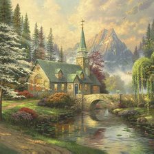 Схема вышивки «Церквушка в горах. Tomas Kinkade»